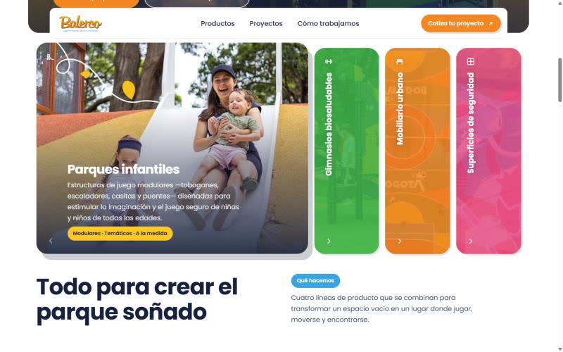 The product accordion: the parques infantiles panel open beside three closed coloured panels for gimnasios biosaludables, mobiliario urbano and superficies de seguridad