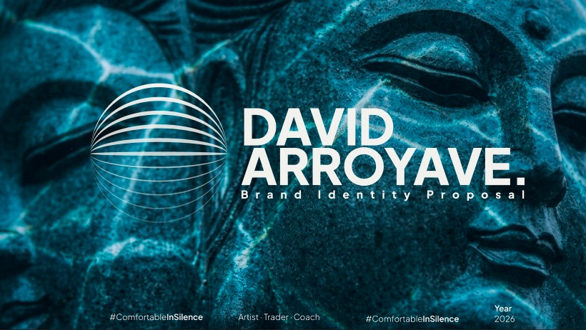 The David Arroyave brand proposal cover: a teal-lit stone Buddha face behind the stacked-arc lid mark and the name David Arroyave, Brand Identity Proposal