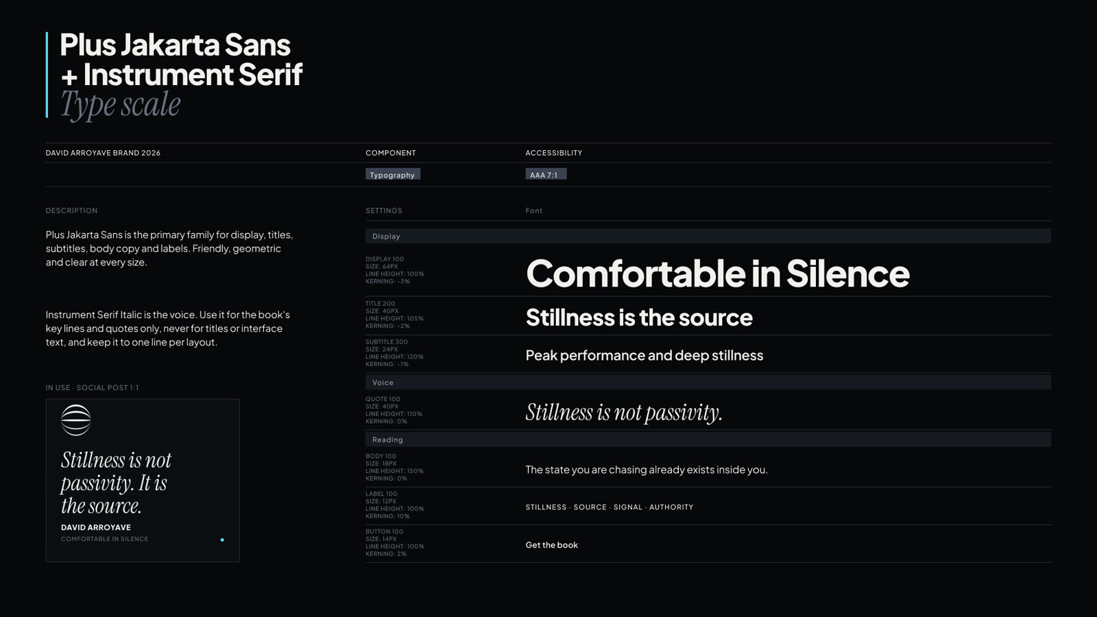 Type scale: Plus Jakarta Sans for display through label, Instrument Serif Italic reserved for quotes