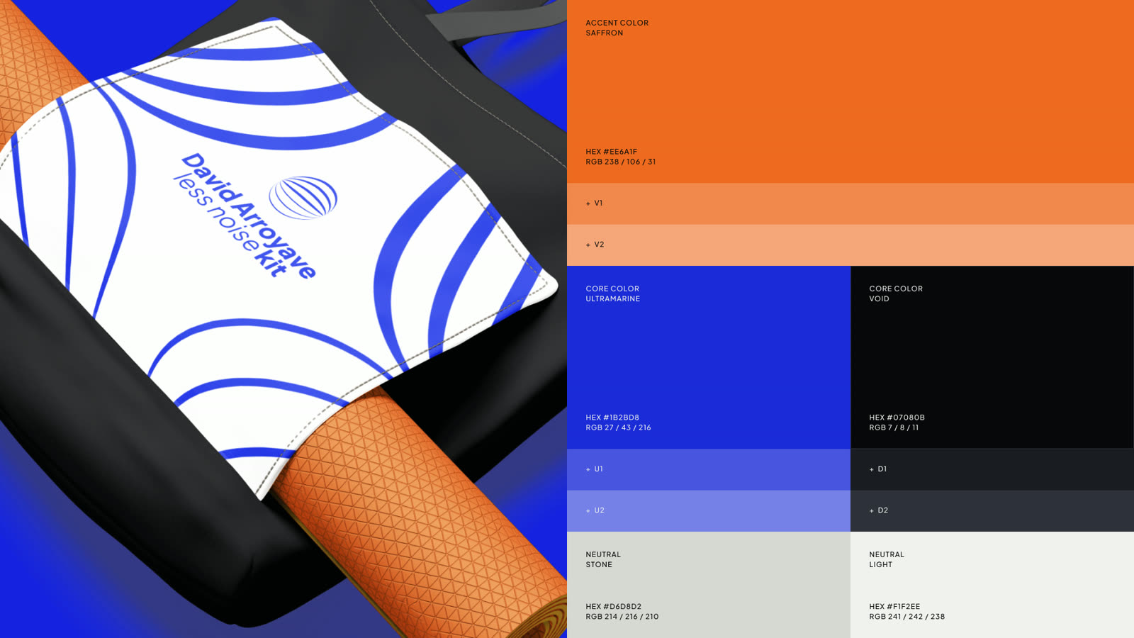 Colour palette: Saffron accent, Ultramarine and Void cores, Stone and Light neutrals, with hex and RGB values