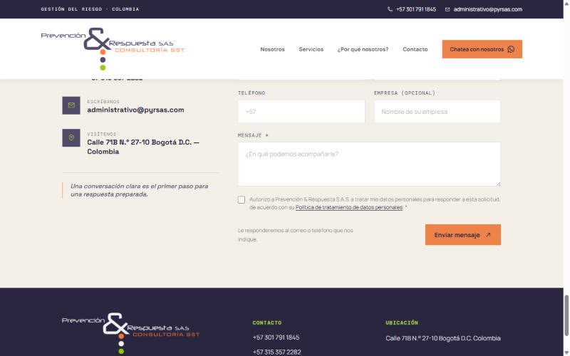 The contact chapter: address and inbox on the left, a form on the right with the habeas-data consent checkbox above the send button