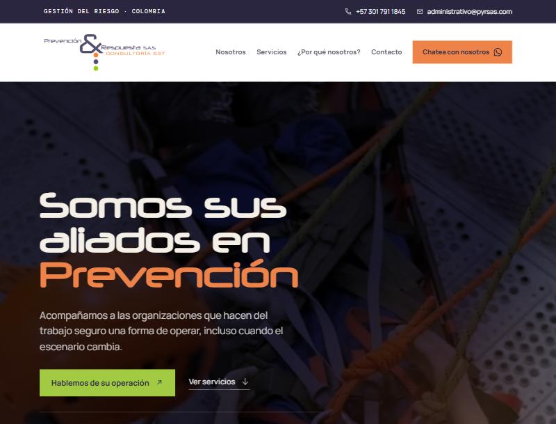 The Prevención y Respuesta homepage: a dark hero photograph of rope-access safety gear under the headline Somos sus aliados en Prevención