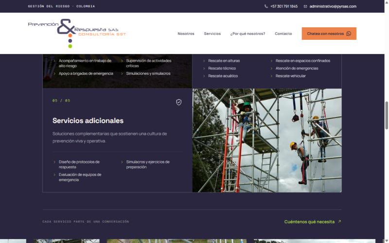 The services chapter: rescue and site-support capabilities listed under each family, beside a photograph of a team working at height on scaffolding